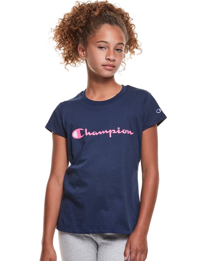 Champion Classic Script Logo Kiz Çocuk Tişört Lacivert ( UDRLYE563 )